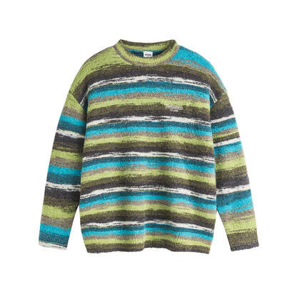 Retro National Trend Oil Painting Contrast Stripe Long Sleeve Crew Neck Knit Sweater