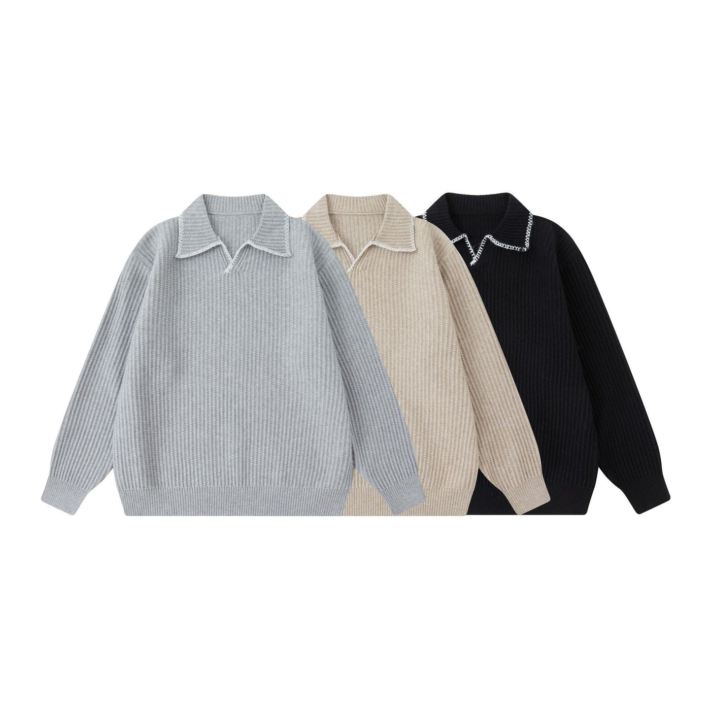 Turn-Down Collar Knit Sweater Unisex Loose Polo Neck Sweater