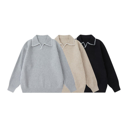 Turn-Down Collar Knit Sweater Unisex Loose Polo Neck Sweater
