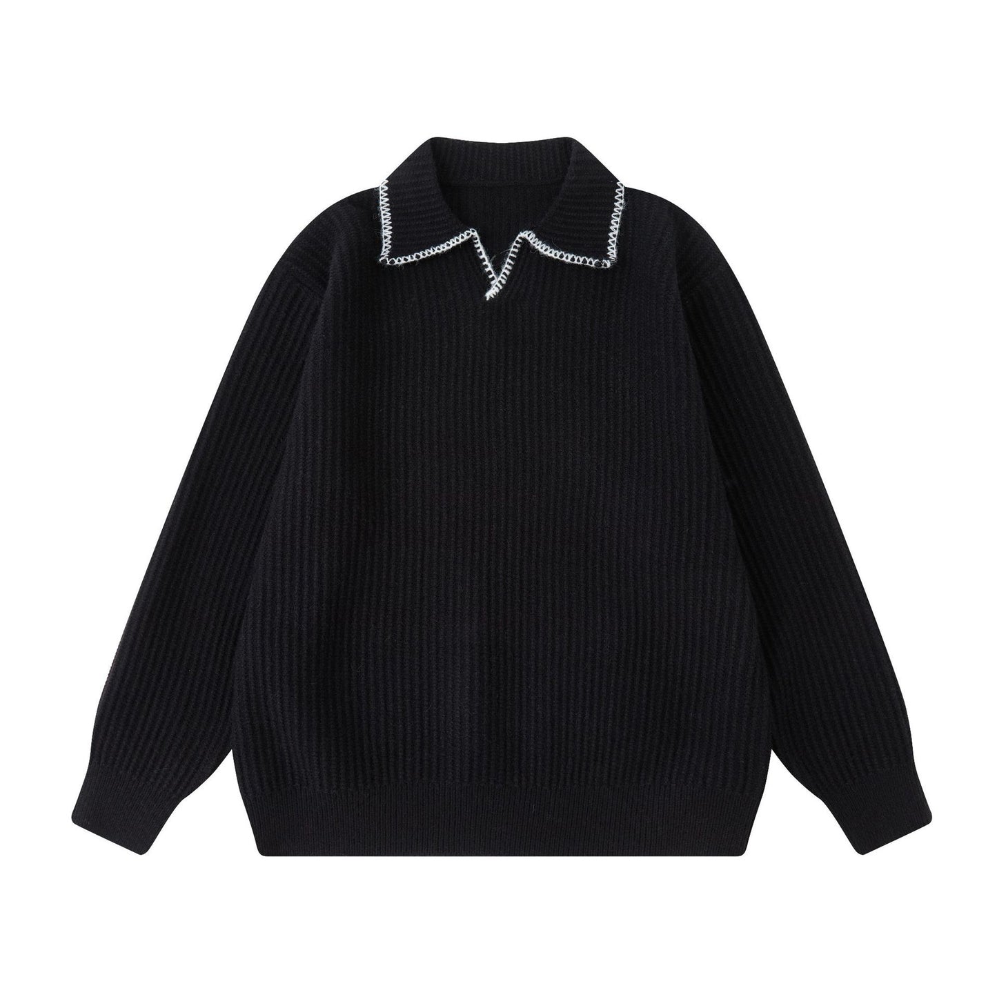 Turn-Down Collar Knit Sweater Unisex Loose Polo Neck Sweater