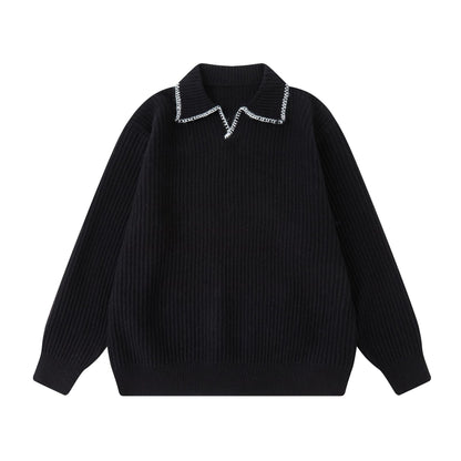Turn-Down Collar Knit Sweater Unisex Loose Polo Neck Sweater