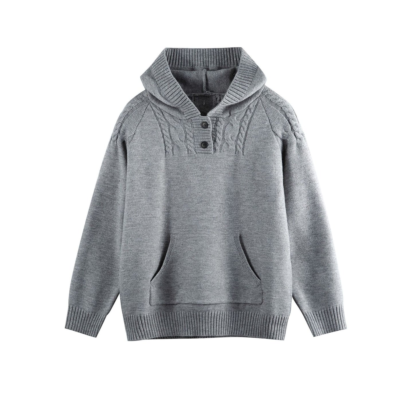 Cable Knit Half-Open Front Long Sleeved Pullover Hooded Sweater