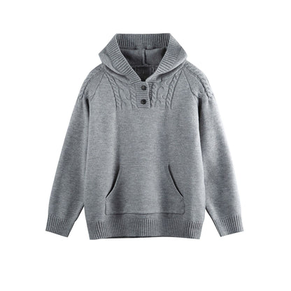 Cable Knit Half-Open Front Long Sleeved Pullover Hooded Sweater