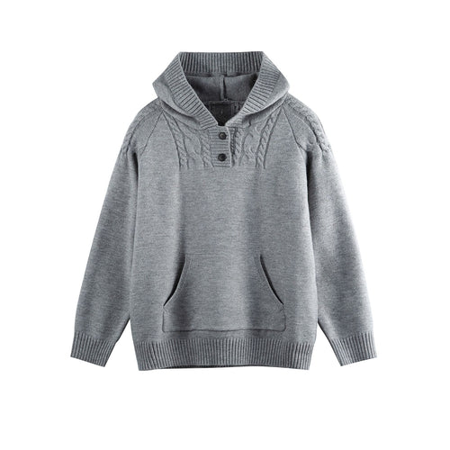 Cable Knit Half-Open Front Long Sleeved Pullover Hooded Sweater