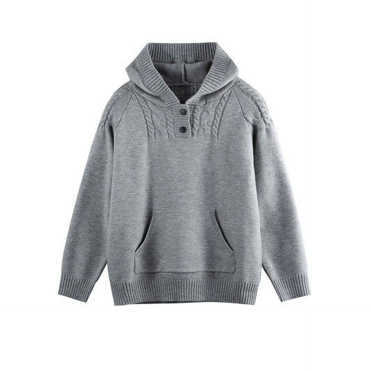 Cable Knit Half-Open Front Long Sleeved Pullover Hooded Sweater