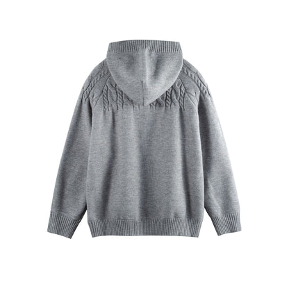 Cable Knit Half-Open Front Long Sleeved Pullover Hooded Sweater