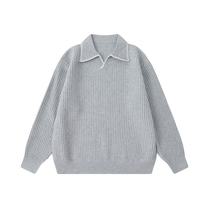 Turn-Down Collar Knit Sweater Unisex Loose Polo Neck Sweater