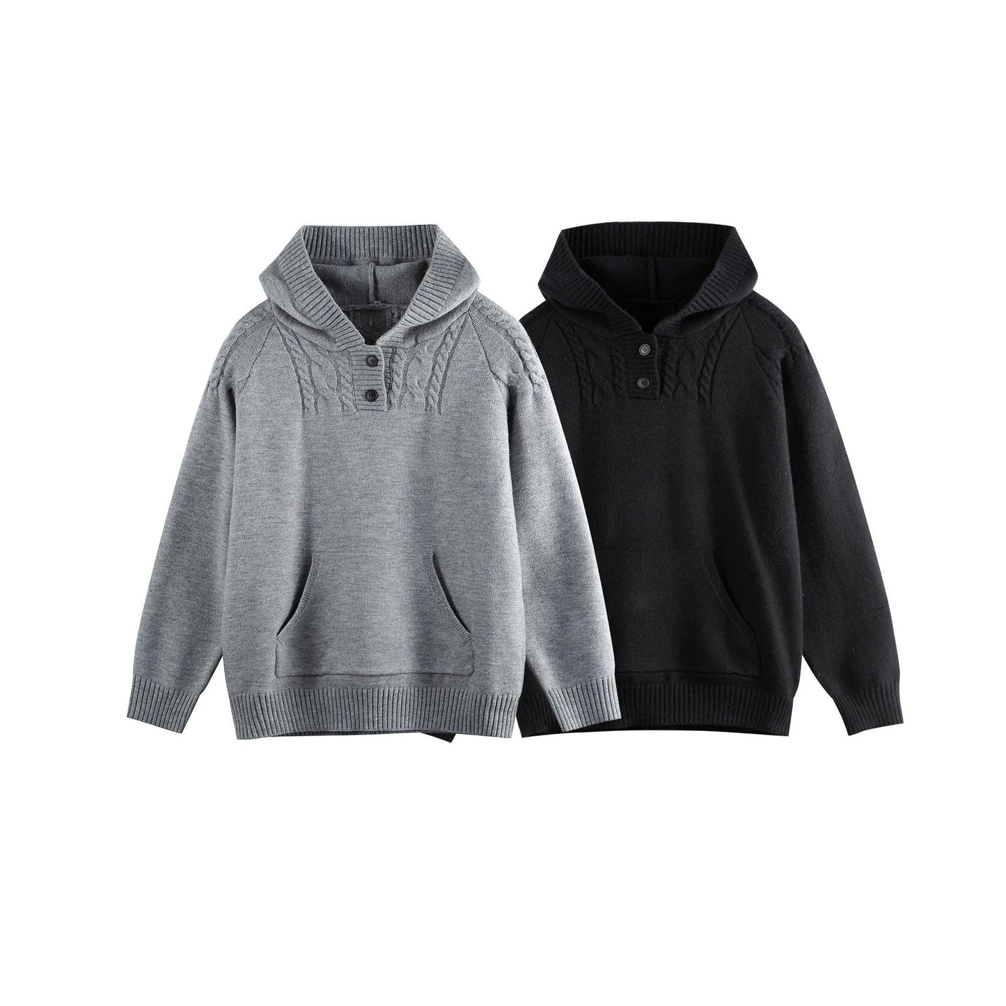 Cable Knit Half-Open Front Long Sleeved Pullover Hooded Sweater