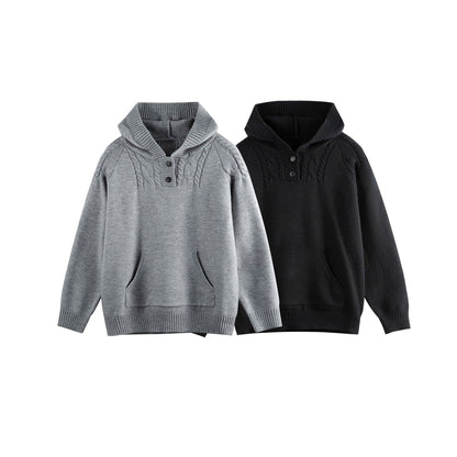 Cable Knit Half-Open Front Long Sleeved Pullover Hooded Sweater