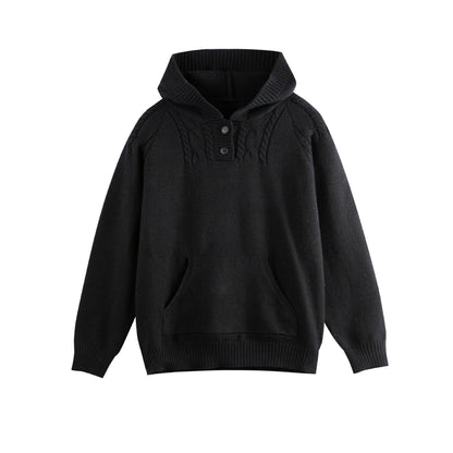 Cable Knit Half-Open Front Long Sleeved Pullover Hooded Sweater