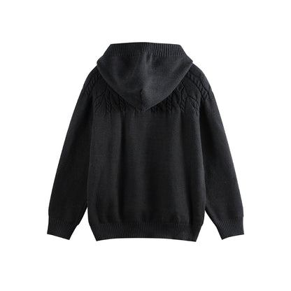 Cable Knit Half-Open Front Long Sleeved Pullover Hooded Sweater